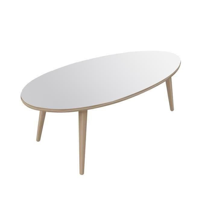 Table basse ovale style scandinave blanc brillant avec pieds en bois - L 110 x l 55 cm - NARVIK