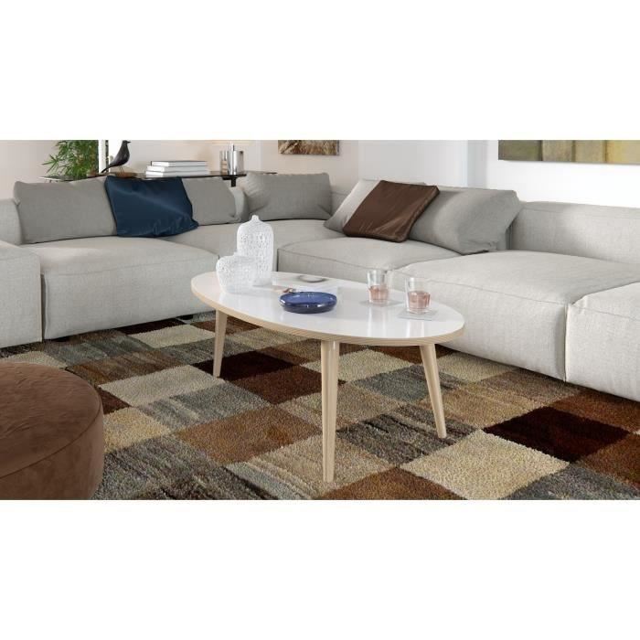 Table basse ovale style scandinave blanc brillant avec pieds en bois - L 110 x l 55 cm - NARVIK