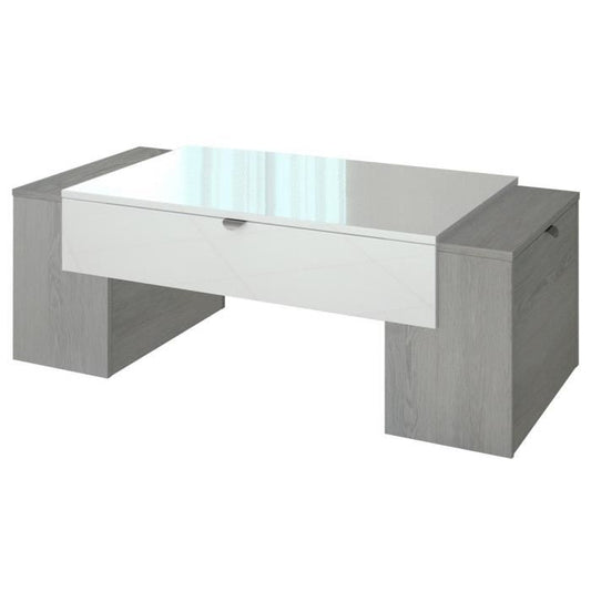 Table basse style contemporain décor chene cendré et blanc brillant - L 123 x l 42 cm - LUCKY