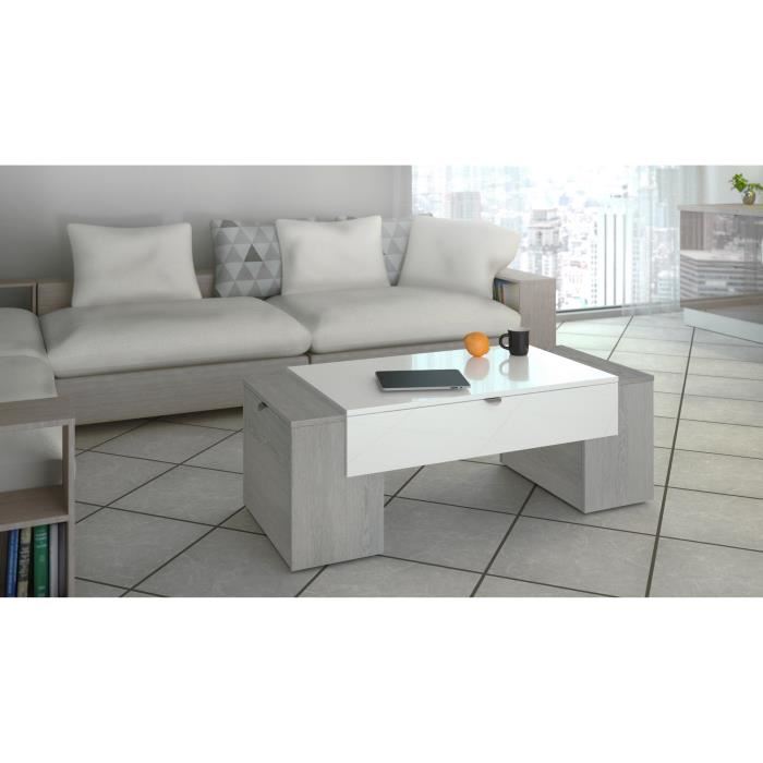 Table basse style contemporain décor chene cendré et blanc brillant - L 123 x l 42 cm - LUCKY