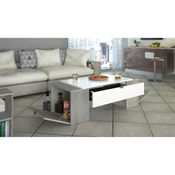 Table basse style contemporain décor chene cendré et blanc brillant - L 123 x l 42 cm - LUCKY