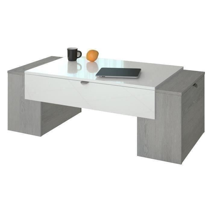 Table basse style contemporain décor chene cendré et blanc brillant - L 123 x l 42 cm - LUCKY