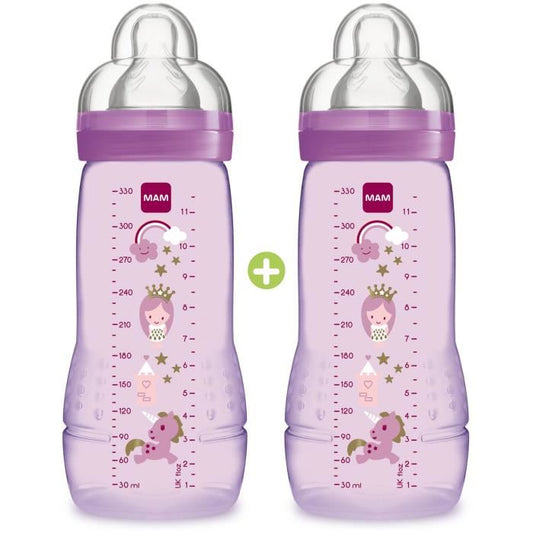 MAM Biberon Easy Active 2eme âge Coloré - 330ml - a partir de 6 mois - Tétine Débit X - Lot de 2 - Fille