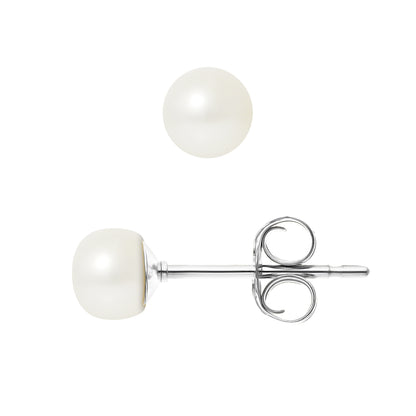 PERLINEA- Boucles d'Oreilles- Perles de Culture d'Eau Douce Bouton 5-6 mm Blanc- Bijou Femme