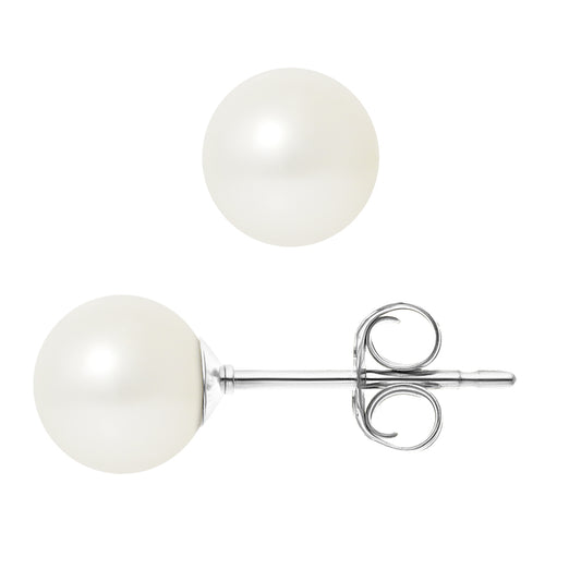 PERLINEA- Boucles d'Oreilles- Perles de Culture d'Eau Douce Ronde 7-8 mm Blanc- Bijou Femme