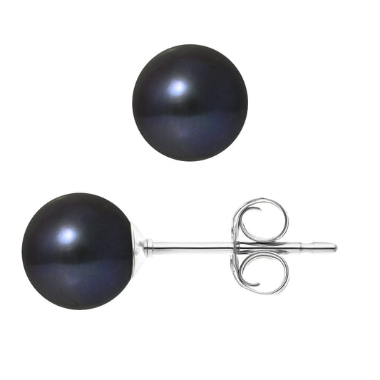 PERLINEA- Boucles d'Oreilles- Perles de Culture d'Eau Douce Ronde 7-8 mm Black Tahiti- Bijou Femme