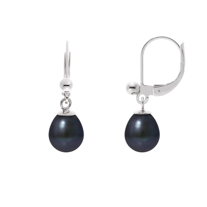 PERLINEA- Boucles d'Oreilles- Perles de Culture d'Eau Douce- Diamètre 7-8 mm Black Tahiti- Bijou Femme