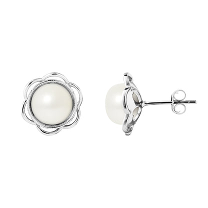 PERLINEA- Boucles d'Oreilles- Fleur Perles de Culture d'Eau Douce Blanc- Bijou Femme- Argent 925 Millièmes