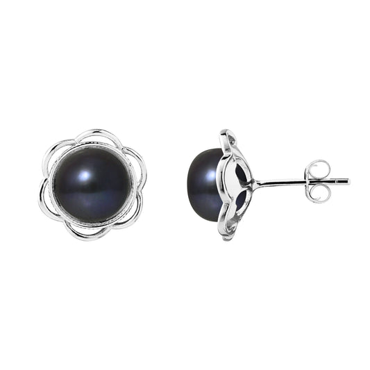 PERLINEA- Boucles d'Oreilles- Fleur Perles de Culture d'Eau Douce Black Tahiti- Bijou Femme- Argent 925 Millièmes