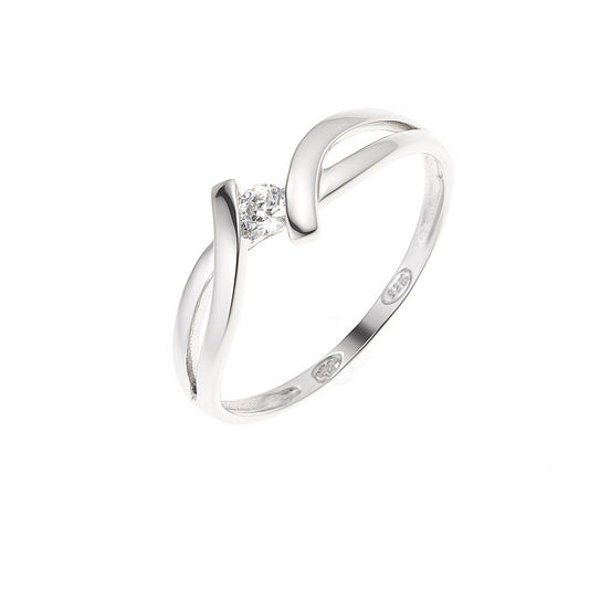 Bague Jonc Croisée Argent 925 Millièmes Rhodié  Solitaire Oxyde de Zirconium BLANC  3 mm