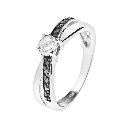 Bague Solitaire  Croisée  Argent 925 Millièmes Rhodié & Oxydes de Zirconium Blancs et Noirs