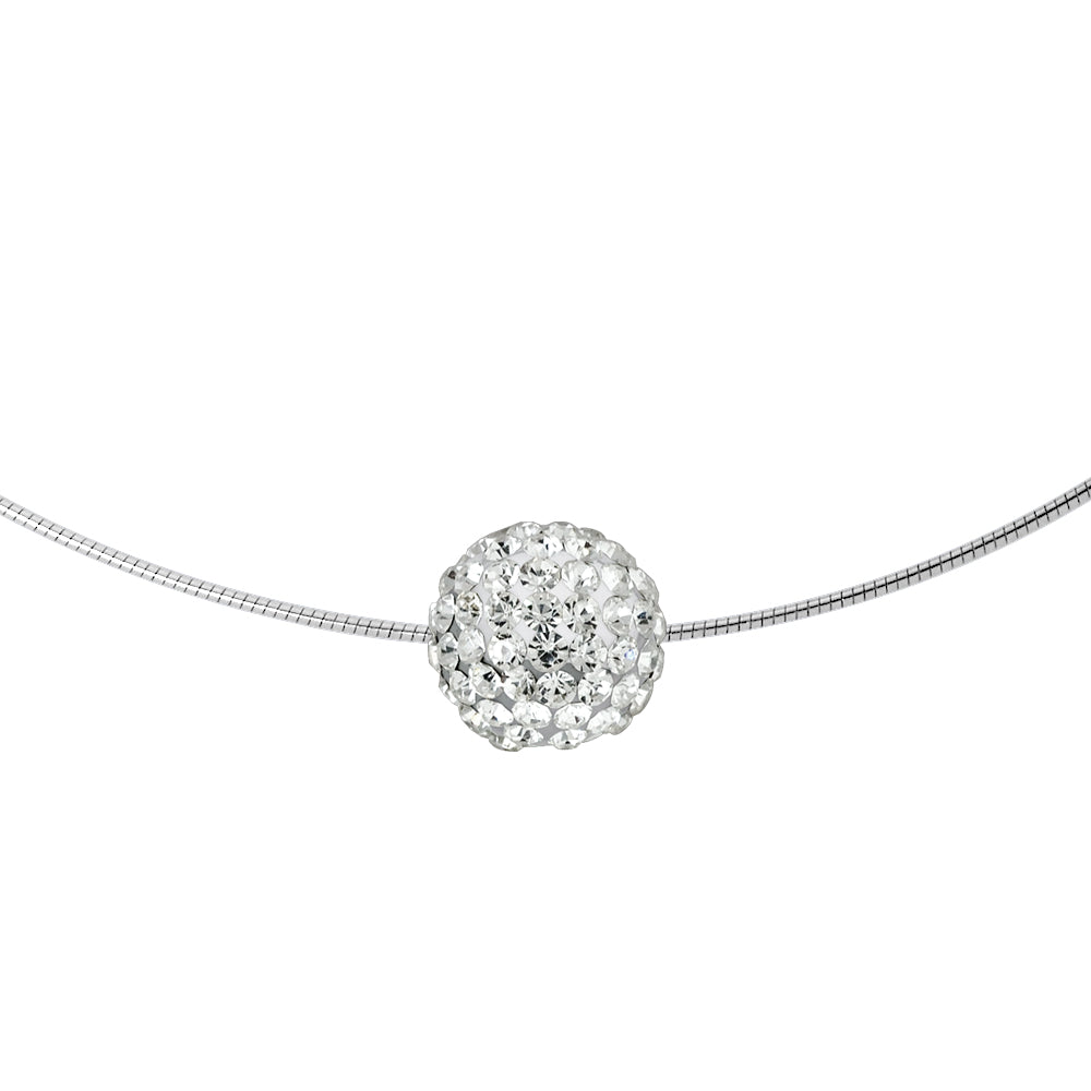 Collier  "Pure WHITE" orné d'une Boule Pendentif entièrement sertie de Véritable Cristal Blanc