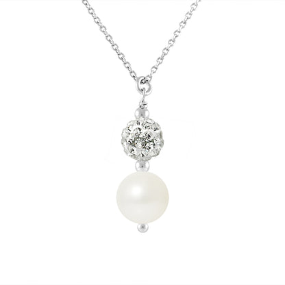 Collier Argent 925 Millièmes orné d'une Boule Pendentif entièrement sertie de Véritable Cristal Blanc et avec une Perle