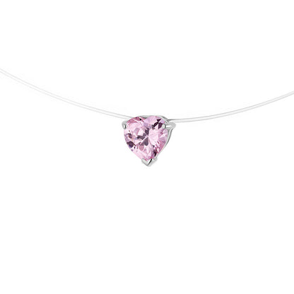 Collier  Cable Transparent de Nylon orné d'un Solitaire serti de 6 Griffes en Oxyde de Zirconium Rose