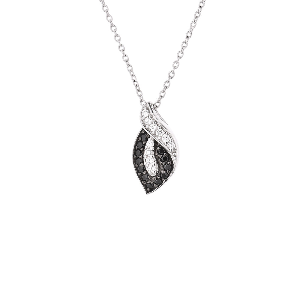 Collier Motif FLAMME  Oxydes de Zirconium Blancs et Noirs   & Maille Forçat Argent 925 Millièmes Rhodié