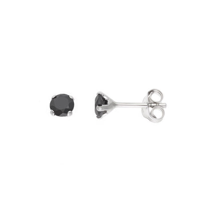 Boucles d'Oreilles Argent 925 Millièmes Rhodié & Solitaire Rondes  Oxydes de Zirconium Noirs 4 mm