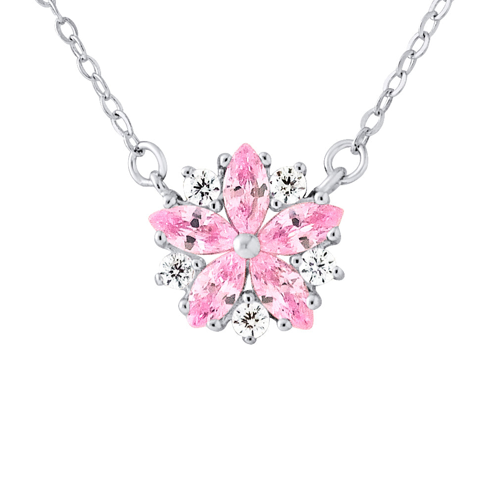 Collier motif "FLEUR" Pétales ROSE avec Oxydes de Zirconium roses et blancs