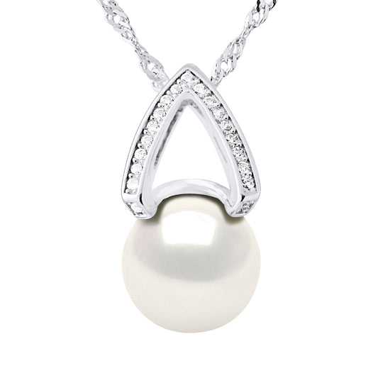 Collier en "V" avec  Perle Blanche de 10 mm de diamètre et Oxydes de Zirconium