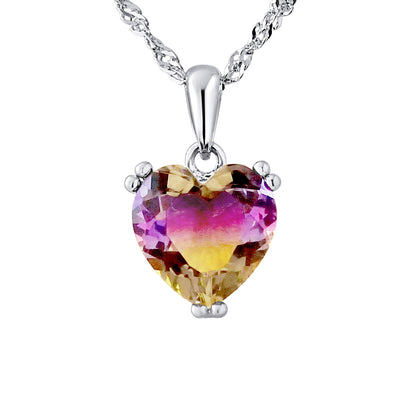 Collier motif "COEUR" Pierre en CRYSTAL BICOLORE Violet/Jaune Chaîne Maille Singapour