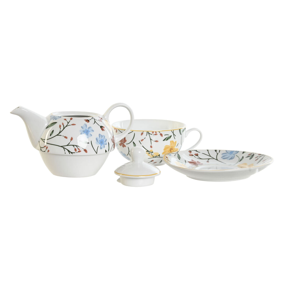 Jeu de Théière DKD Home Decor Porcelaine Bleu Terre cuite Blanc Jaune (3 Unités)