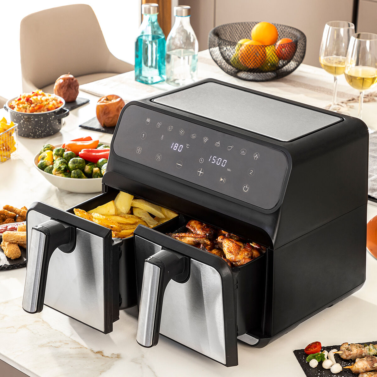 Friteuse sans Huile InnovaGoods Fryinn Double 8000 Noir Acier inoxydable 3400 W 8 L