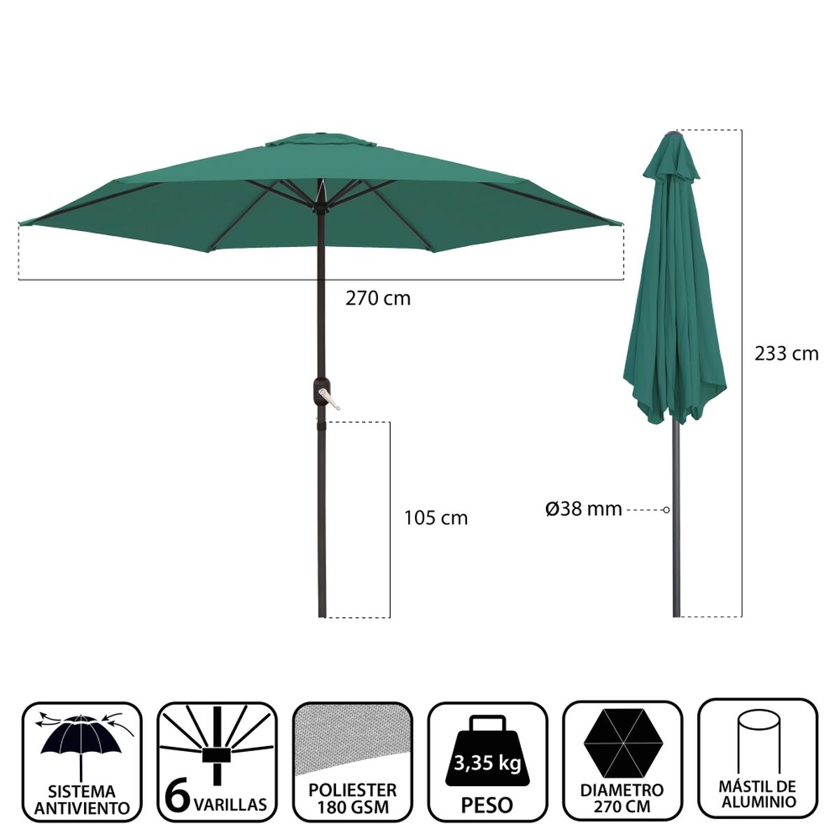 Parasol Monty Aluminium Vert 270 cm