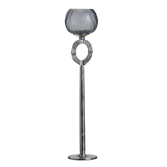 Bougeoir Verre Gris Métal Argent  13 x 13 x 56 cm