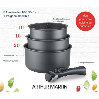 Batterie de cuisine ARTHUR MARTIN AM777GM Set de 3 casseroles - Gris Mat 16-18-20 cm + 1 poignée amovible - Tous feux dont induction