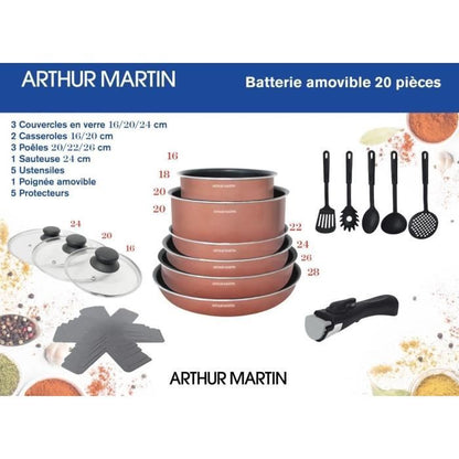 Batterie de cuisine 20 pièces Arthur Martin - aluminium - poignée amovible - tous feux dont induction