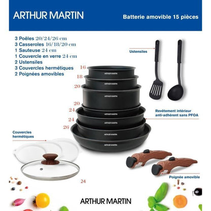 Arthur Martin AM1502 Batterie de cuisine 15 pièces - poignée amovible effet bois - tous feux dont induction