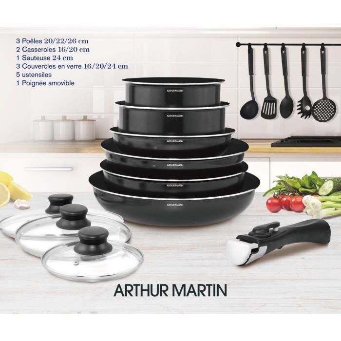 ARTHUR MARTIN Batterie de cuisine amovible 15 pièces 16-20-22-24-26 cm noir - Tous feux dont induction