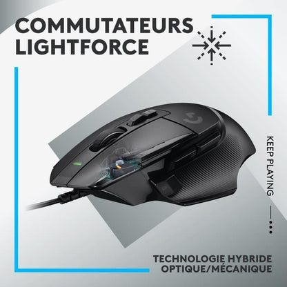 Logitech - G502 X Souris Gaming Filaire - LIGHTFORCE boutons primaires hybrides optique-mécanique, capteur gaming HERO 25K - Noir