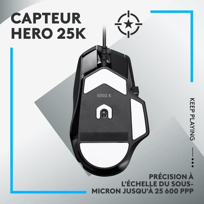 Logitech - G502 X Souris Gaming Filaire - LIGHTFORCE boutons primaires hybrides optique-mécanique, capteur gaming HERO 25K - Noir