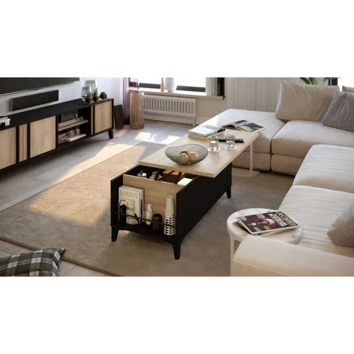 Table Basse avec Plateau Relevable - Noir/Chene - L 100 x P 50/72 x H 42/55 cm - EVAN