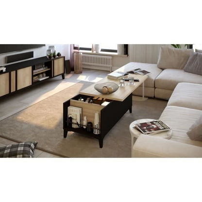 Table Basse avec Plateau Relevable - Noir/Chene - L 100 x P 50/72 x H 42/55 cm - EVAN