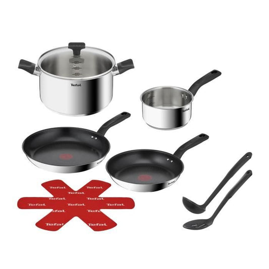 TEFAL B818S804 Delicious Batterie de cuisine inox 8 pieces Casserole, Faitout, 2 Poêles, Louche, Ecumoire, Feutrine protege-poêles