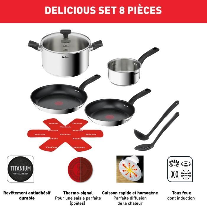 TEFAL B818S804 Delicious Batterie de cuisine inox 8 pieces Casserole, Faitout, 2 Poêles, Louche, Ecumoire, Feutrine protege-poêles