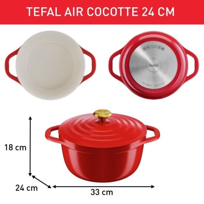 TEFAL E2544604 Air cocotte légère 24 cm fonte d'aluminium rouge, tous feux dont induction