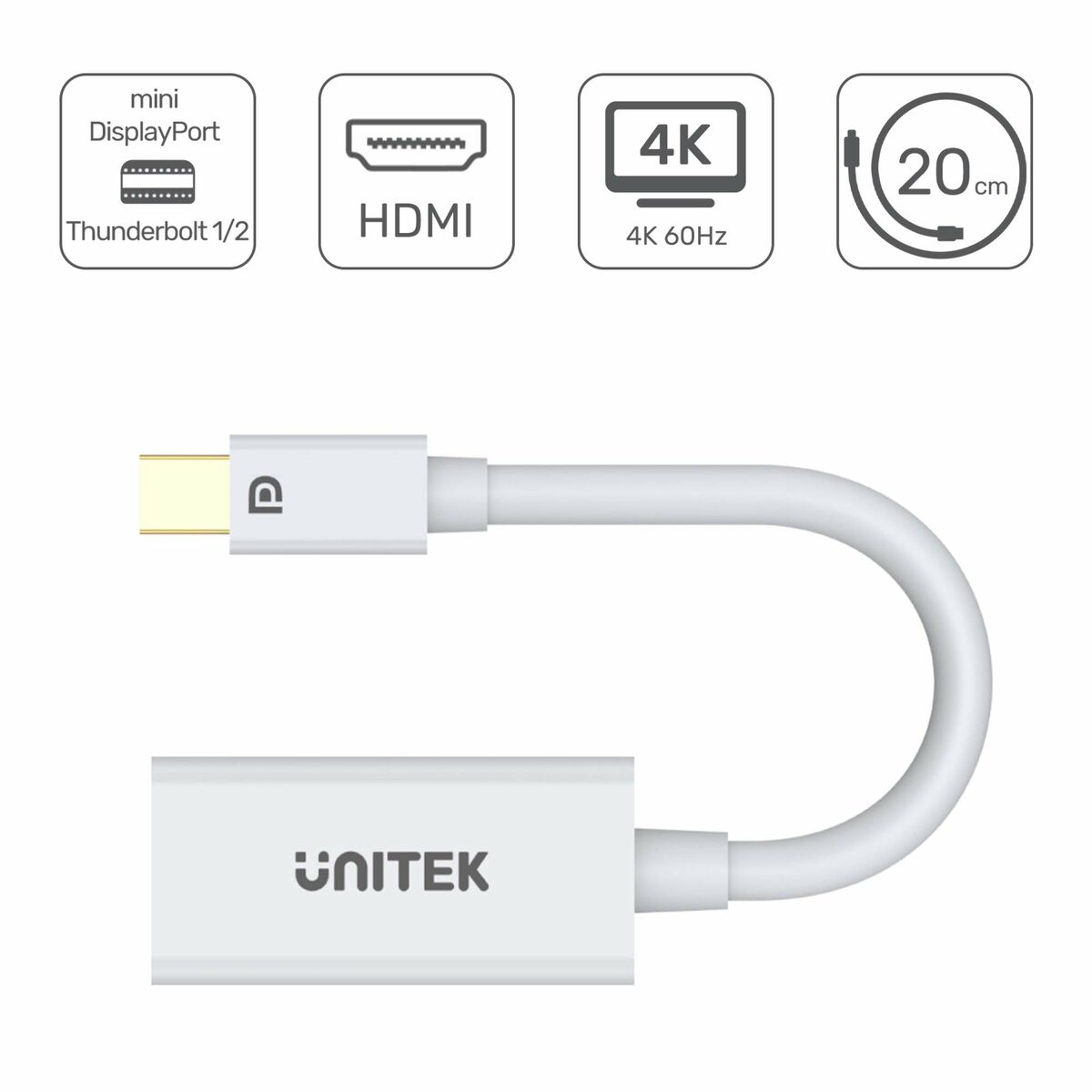 Adaptateur Mini DisplayPort vers HDMI Unitek Y-6331 Blanc 20 cm