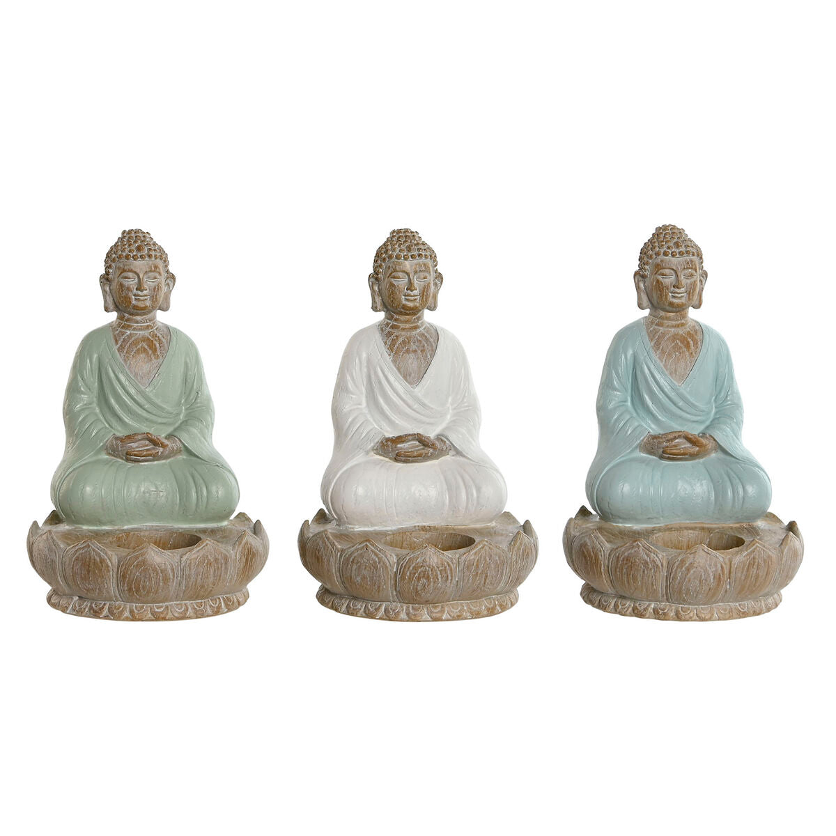 Figurine Décorative Home ESPRIT Blanc Vert Turquoise Buda Oriental 12 x 12 x 18,5 cm (3 Unités)