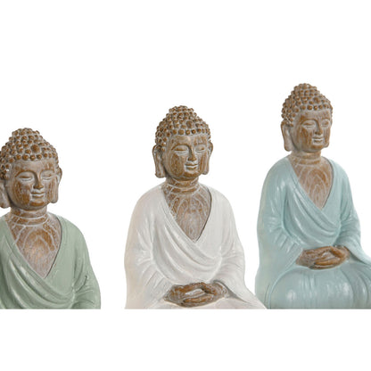 Figurine Décorative Home ESPRIT Blanc Vert Turquoise Buda Oriental 12 x 12 x 18,5 cm (3 Unités)