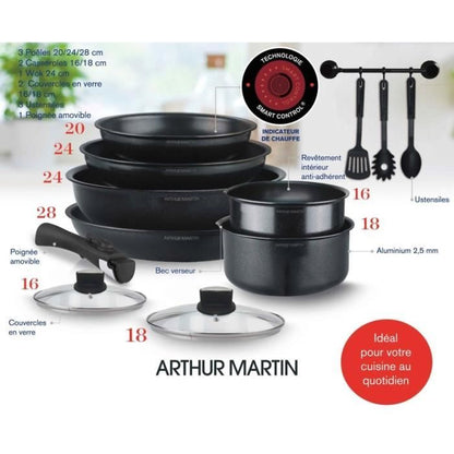 Arthur Martin AM268B Batterie de cuisine 12 pièces - poignée amovible - tous feux dont induction