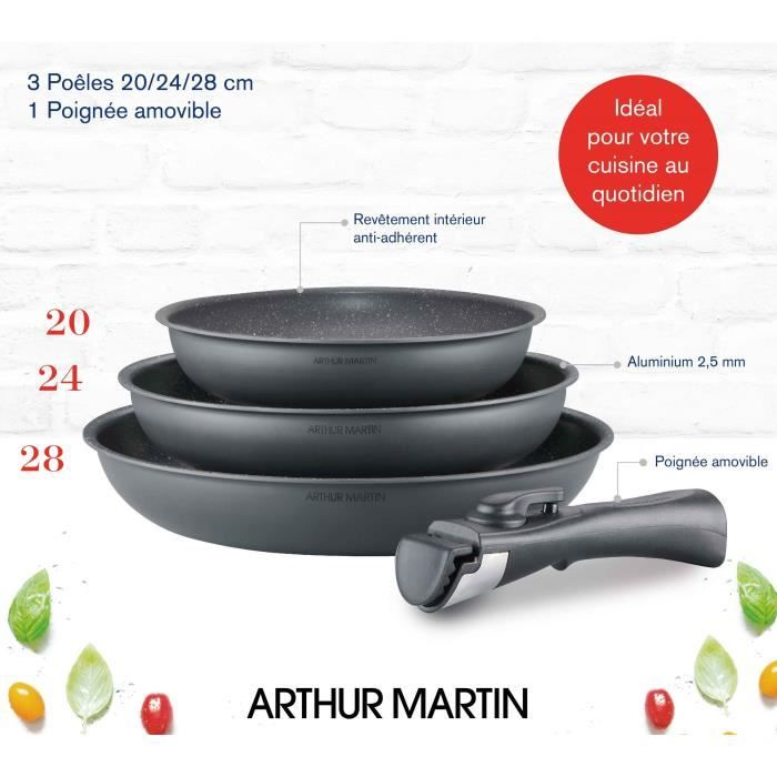 Batterie de cuisine ARTHUR MARTIN AM521GM Set de 3 poêles - 20-24-28 cm + 1 poignée amovible - Tous feux dont induction