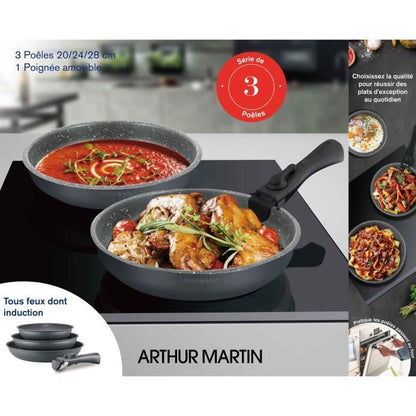 Batterie de cuisine ARTHUR MARTIN AM521GM Set de 3 poêles - 20-24-28 cm + 1 poignée amovible - Tous feux dont induction