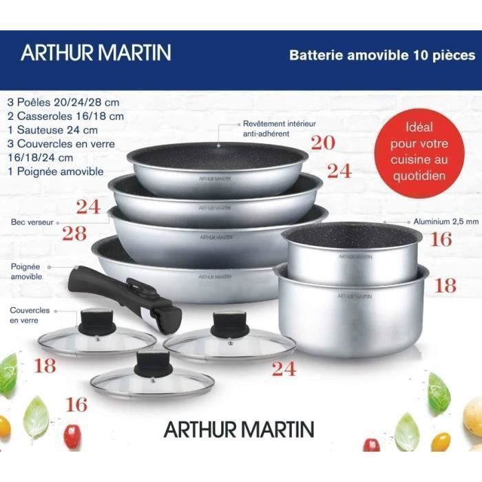 Batterie de cuisine Arthur Martin AM167S - 10 pièces - Aluminium - Poignée amovible - Tous feux dont induction