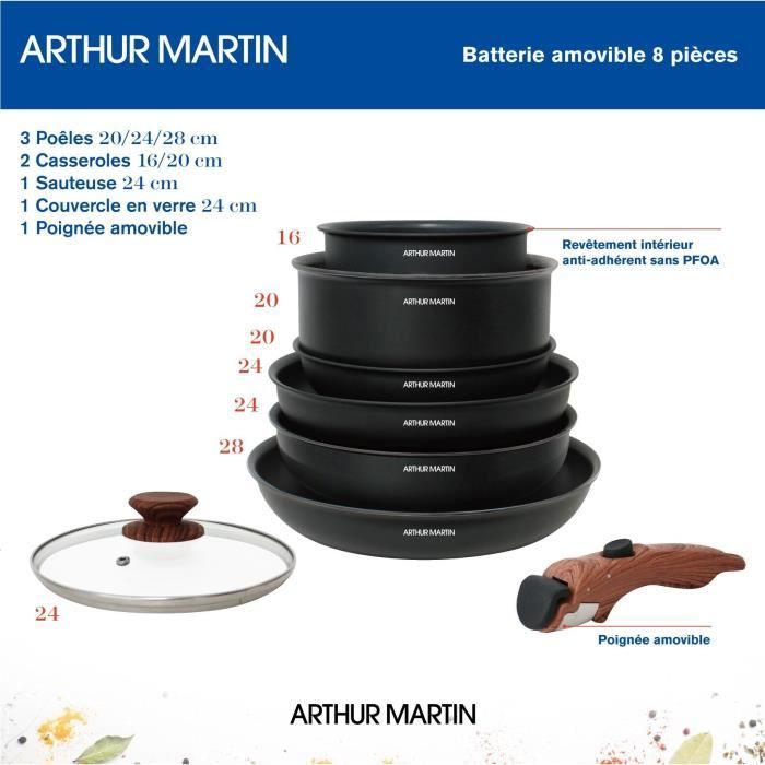 Batterie de cuisine 8 pièces ARTHUR MARTIN - Aluminium - Poignée Bois - Tous feux dont induction