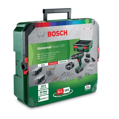 Perceuse-visseuse Bosch - UniversalDrill 18 (Livrée avec 2 batteries 1,5 Ah, SystemeBox, 241 accessoires) - PowerForAll