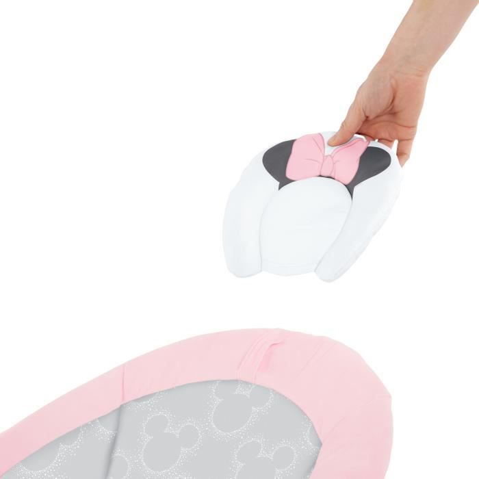 DISNEY BABY Transat Minnie Jolie en Rose, Cale tete ergonomique amovible, Vibrations, 7 mélodies, Arche d'éveil avec 3 jouets