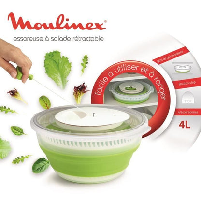 MOULINEX K2530104 Essoreuse à salade rétractable 4 L, Base antidérapante, Système de tirage par cordon, Bouton d'arrêt, Vert/Blanc