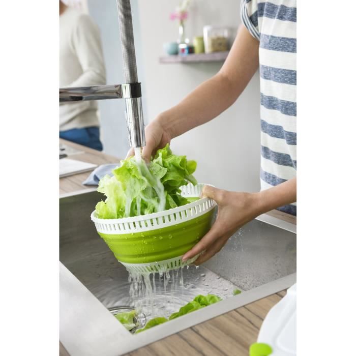 MOULINEX K2530104 Essoreuse à salade rétractable 4 L, Base antidérapante, Système de tirage par cordon, Bouton d'arrêt, Vert/Blanc